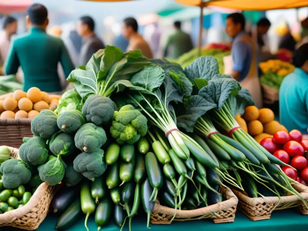 Mercado peruano con abundantes caiguas verdes y bullicio cultural