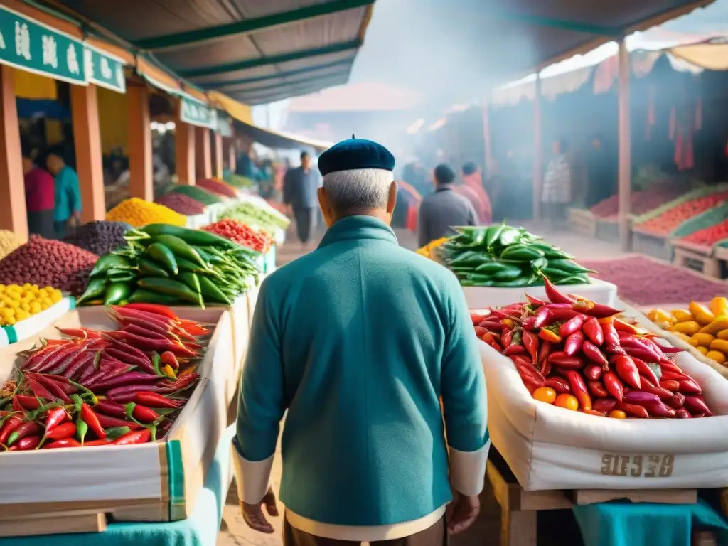 Mercado peruano con ajíes coloridos y vendedores locales