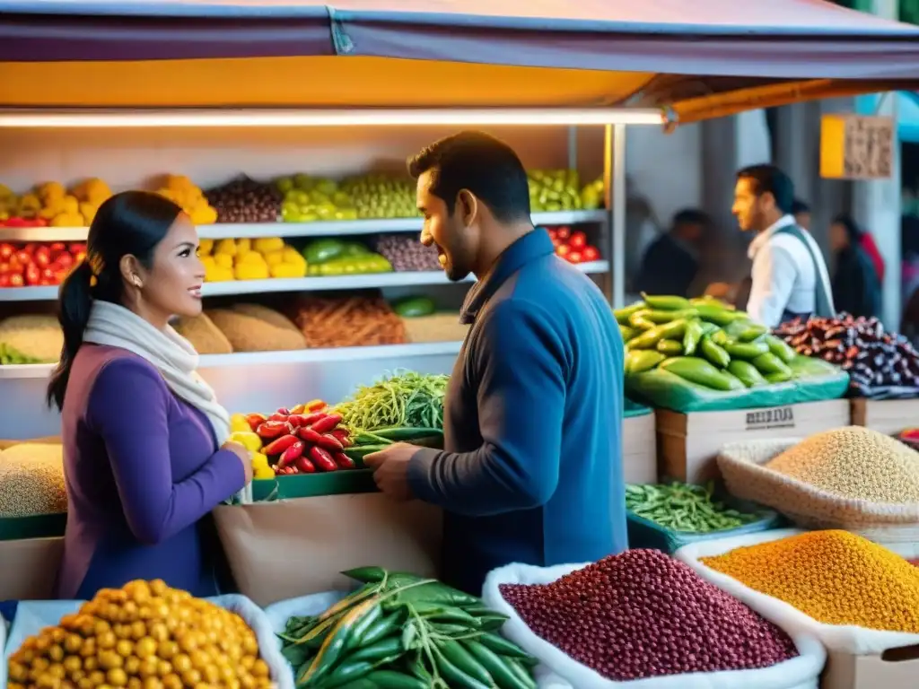 Un mercado peruano animado con ingredientes frescos y coloridos, donde vendedores comparten recetas tradicionales