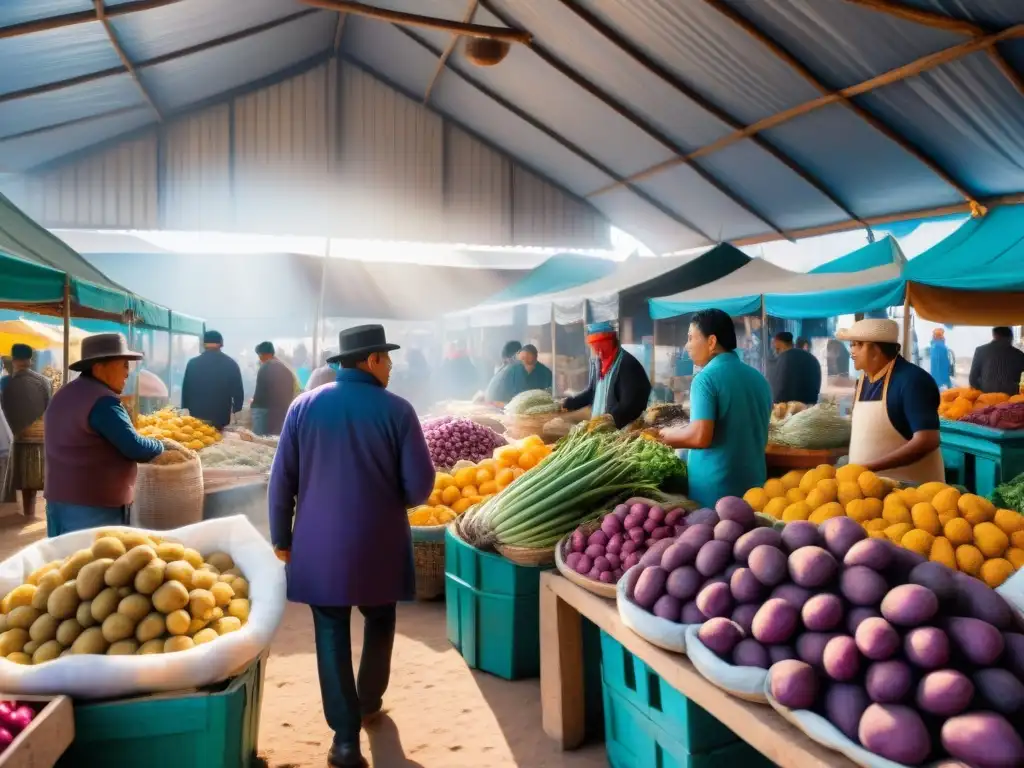 Un mercado peruano auténtico con ingredientes vibrantes y chefs verificando su autenticidad con blockchain