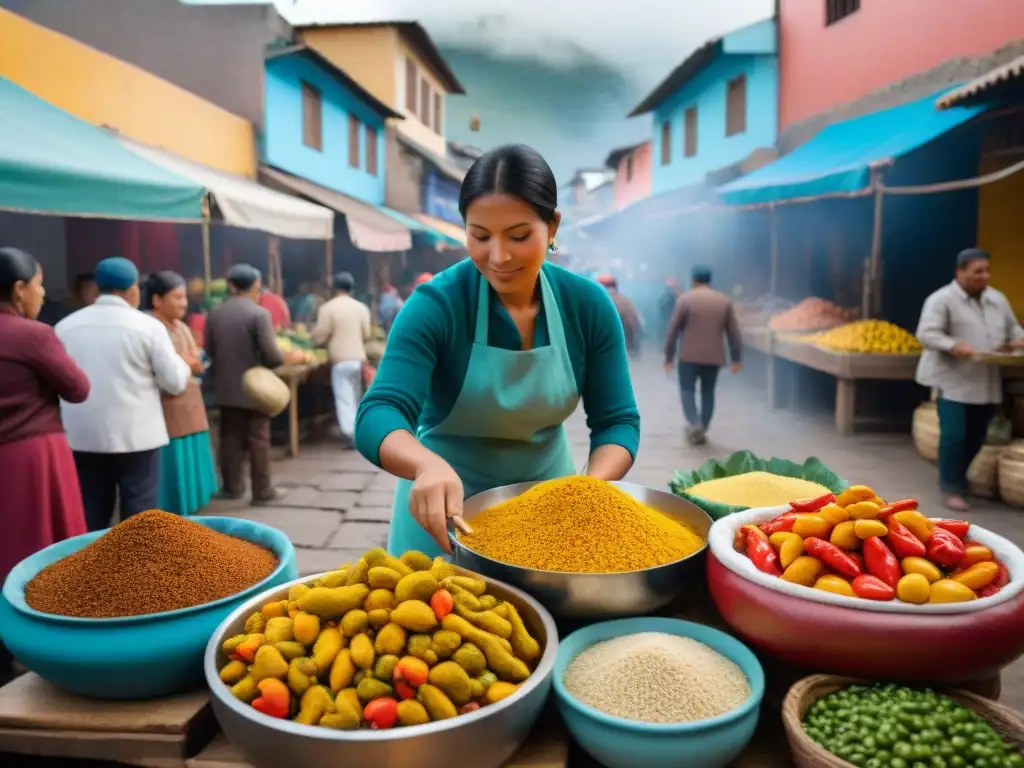 Un mercado peruano bullicioso donde se prepara ají de gallina, rodeado de productos locales y paisajes andinos