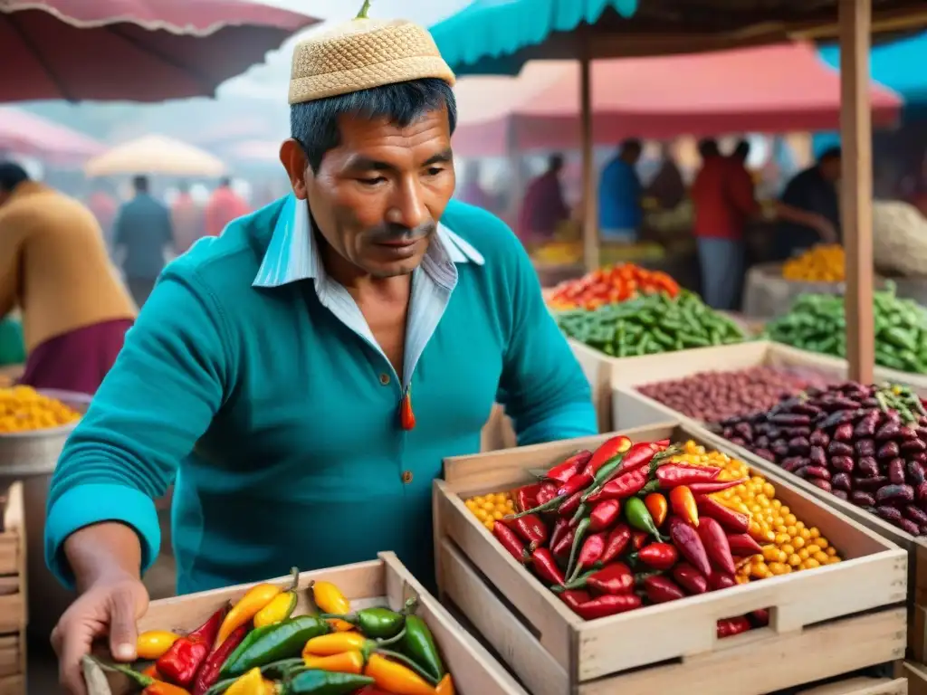 Un mercado peruano bullicioso con ajíes de colores vibrantes en cajas de madera