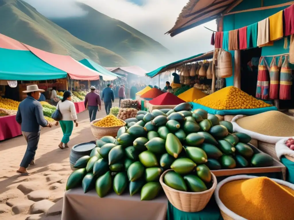 Un mercado peruano bullicioso con algarrobas frescas y jarabe de algarrobina