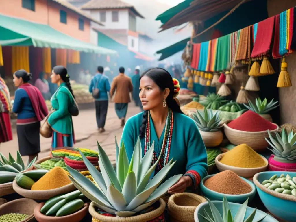 Un mercado peruano bullicioso con aloe vera fresco y jugo en tazas tradicionales