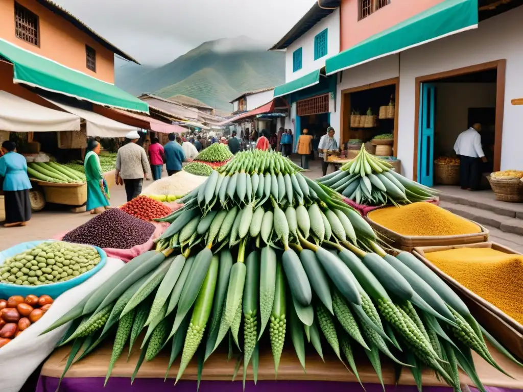 Un mercado peruano bullicioso con aloe vera fresco y productos tradicionales