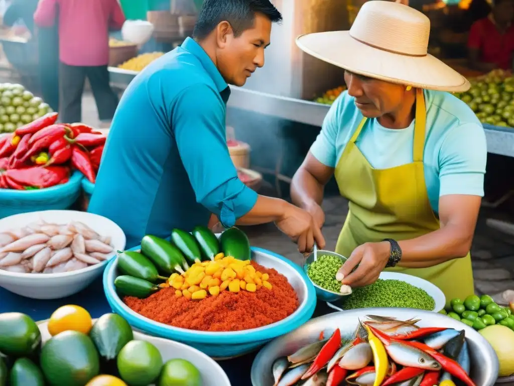 Un mercado peruano bullicioso muestra un cebiche auténtico tradicional, destacando pescado, pimientos y limones frescos