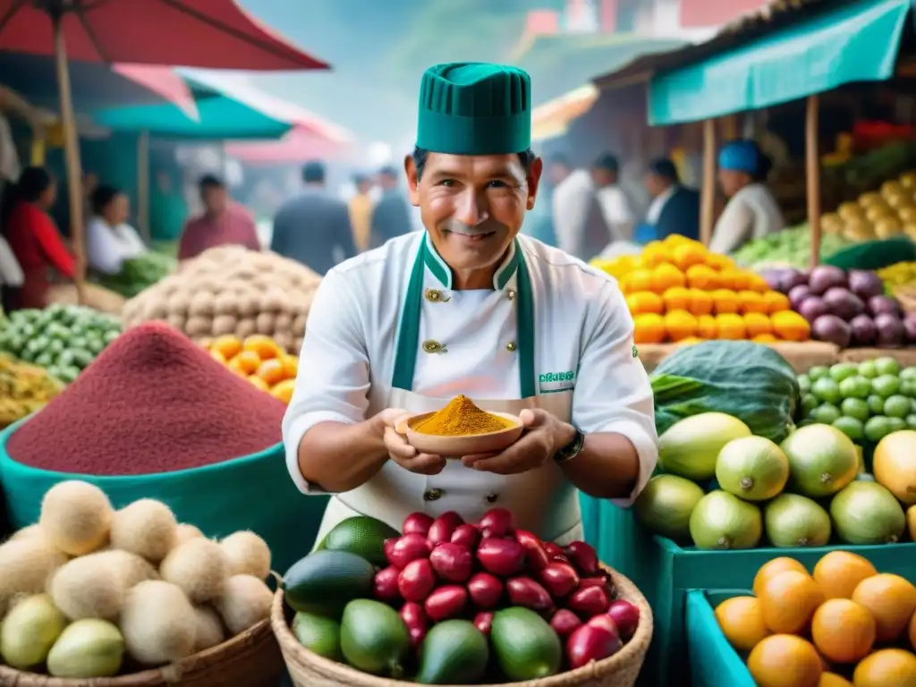 Un mercado peruano bullicioso con chef Rafael Osterling inspeccionando productos locales