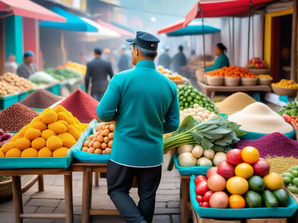 Un mercado peruano bullicioso con chefs seleccionando ingredientes frescos