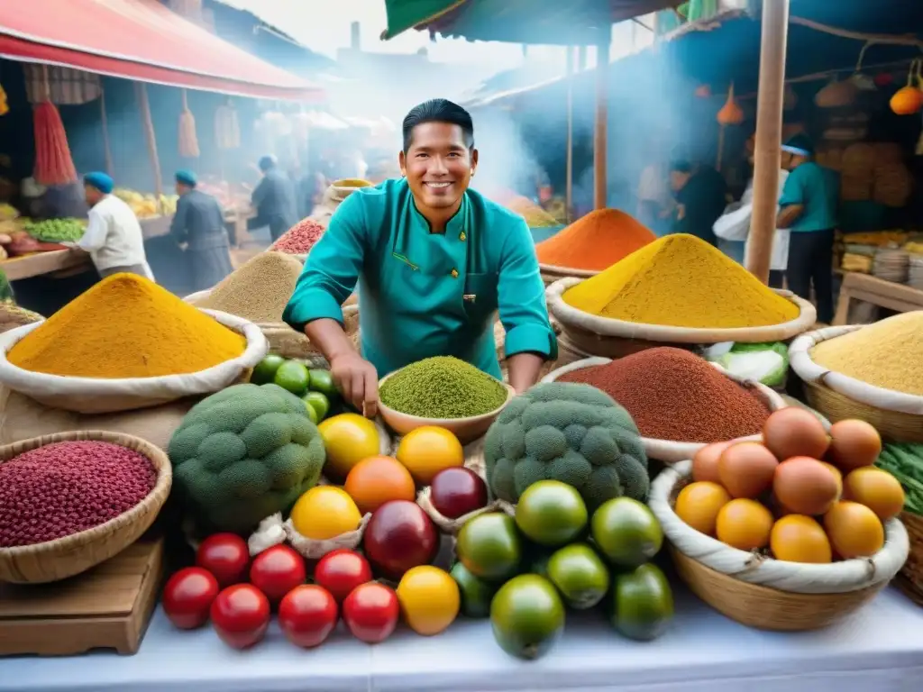 Mercado peruano bullicioso con cocina peruana fusionada con tendencias globales