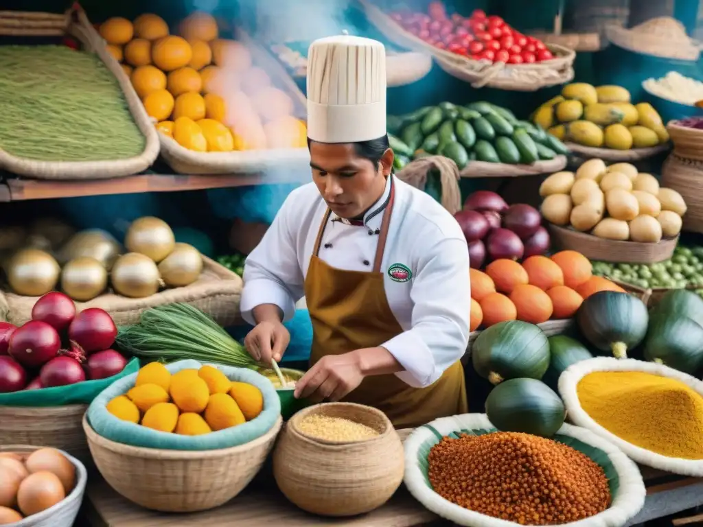 Un mercado peruano bullicioso con cocinero preparando plato típico, rodeado de entusiastas internacionales