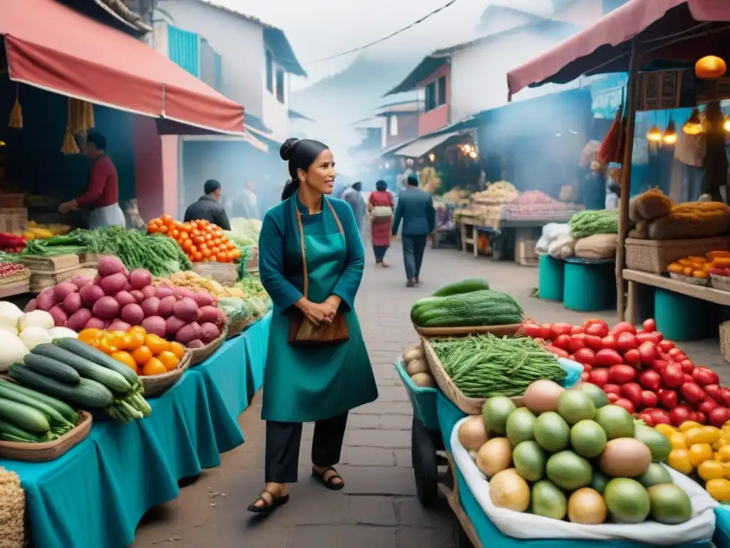 Un mercado peruano bullicioso, colores vibrantes y un chef fusionando técnicas culinarias italianas en platillos peruanos