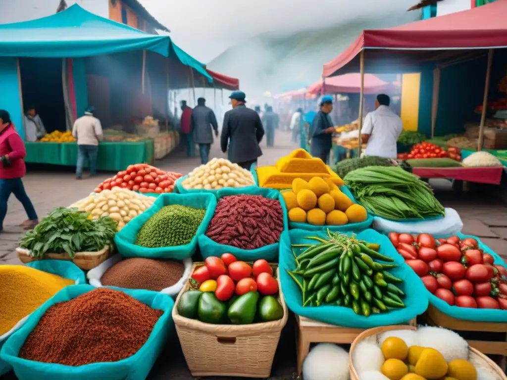 Un mercado peruano bullicioso con colores vibrantes y actividad intensa, reflejando la historia del lomo saltado fusión