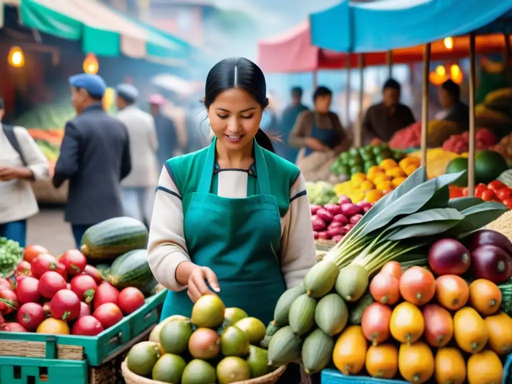 Un mercado peruano bullicioso con colores vibrantes y vendedores usando aplicaciones móviles gastronomía peruana