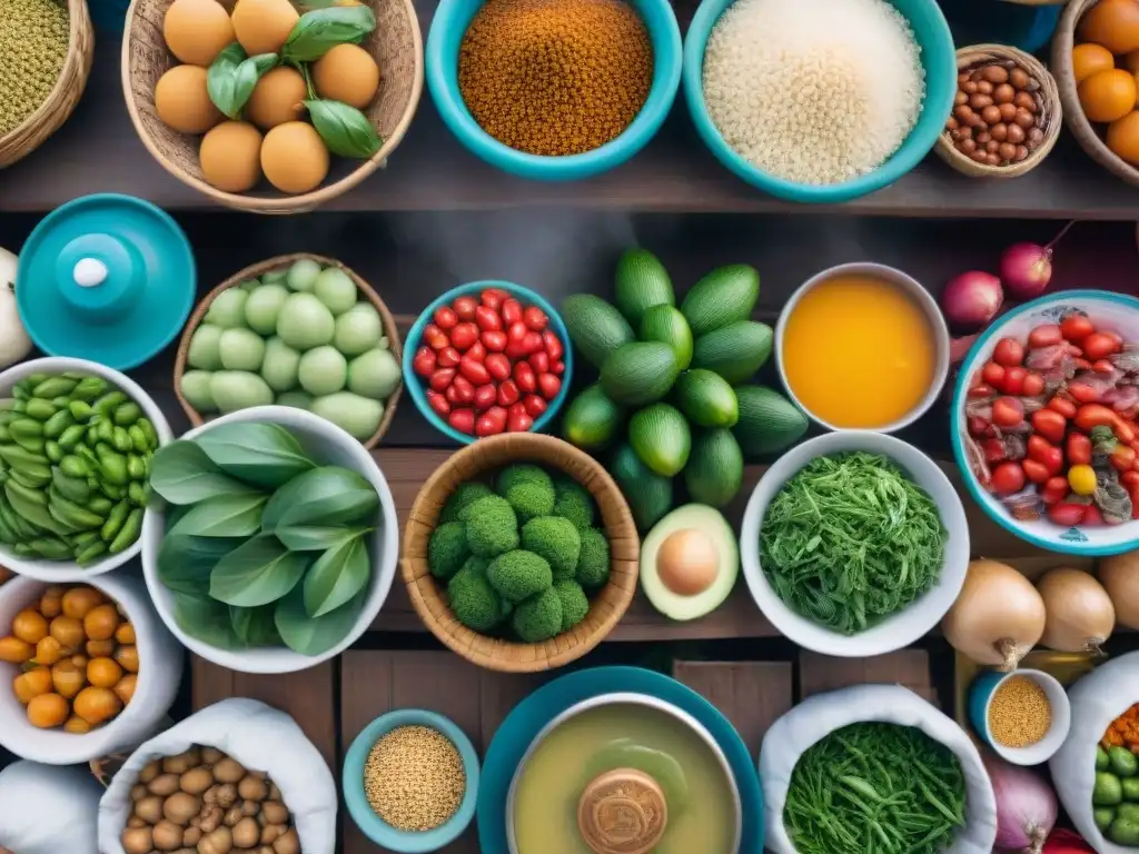 Un mercado peruano bullicioso con colores vibrantes, ingredientes locales y vendedores