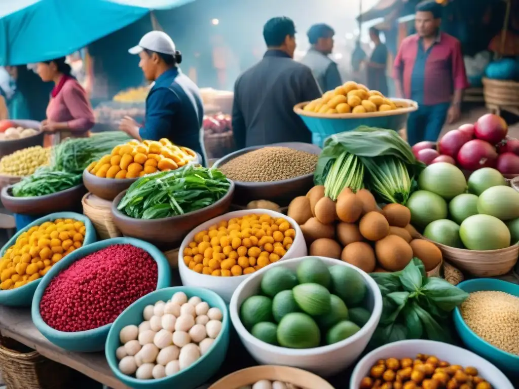 Un mercado peruano bullicioso con colores vibrantes y vendedores locales ofreciendo productos frescos, destacando la rica cultura gastronómica de Perú