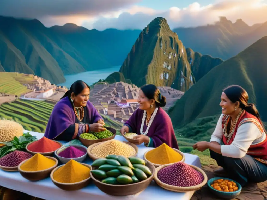 Un mercado peruano bullicioso con colores vibrantes de productos frescos y vendedores en trajes andinos