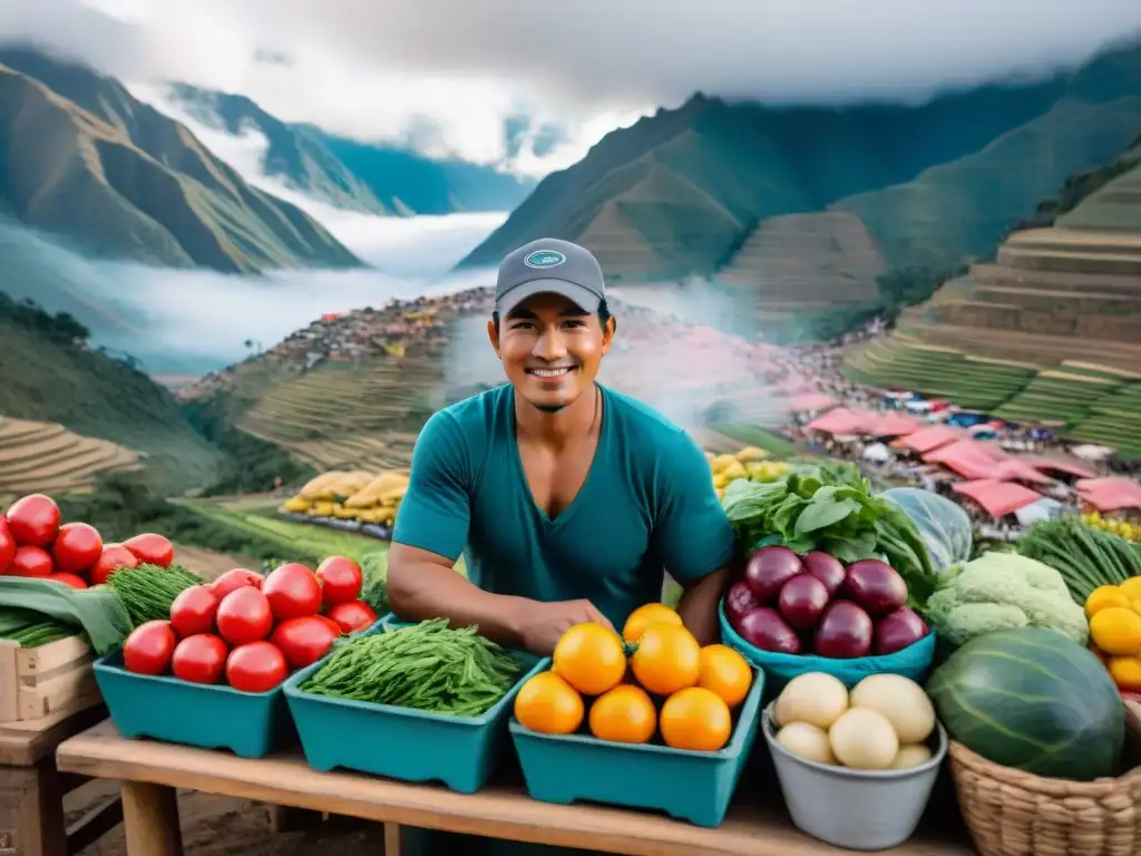 Mercado peruano bullicioso con colores vibrantes, platos tradicionales y chefs apasionados