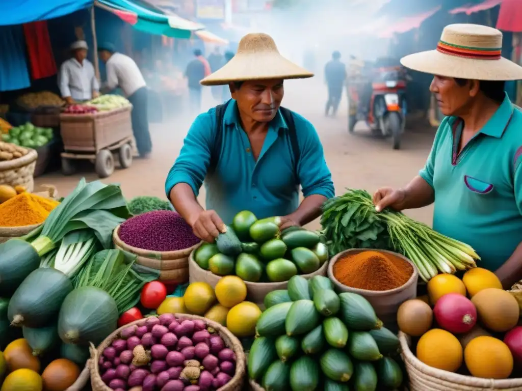 Un mercado peruano bullicioso con colores vibrantes y una amplia variedad de alimentos frescos y especias