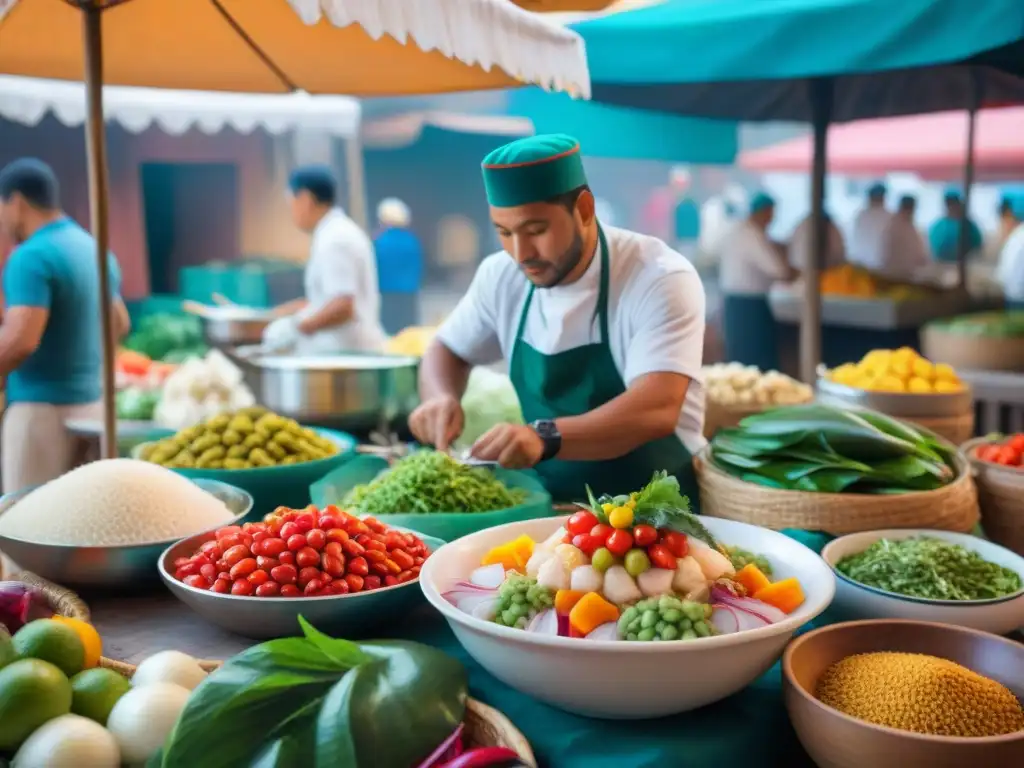 Un mercado peruano bullicioso con colores vibrantes y comida fresca