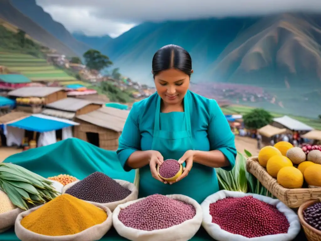 Mercado peruano bullicioso con colores vibrantes y ingredientes autóctonos, chefs seleccionando frescos productos, montañas de los Andes al fondo