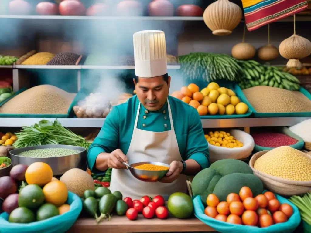 Un mercado peruano bullicioso con colores vibrantes y gente diversa intercambiando bienes y tradiciones culinarias