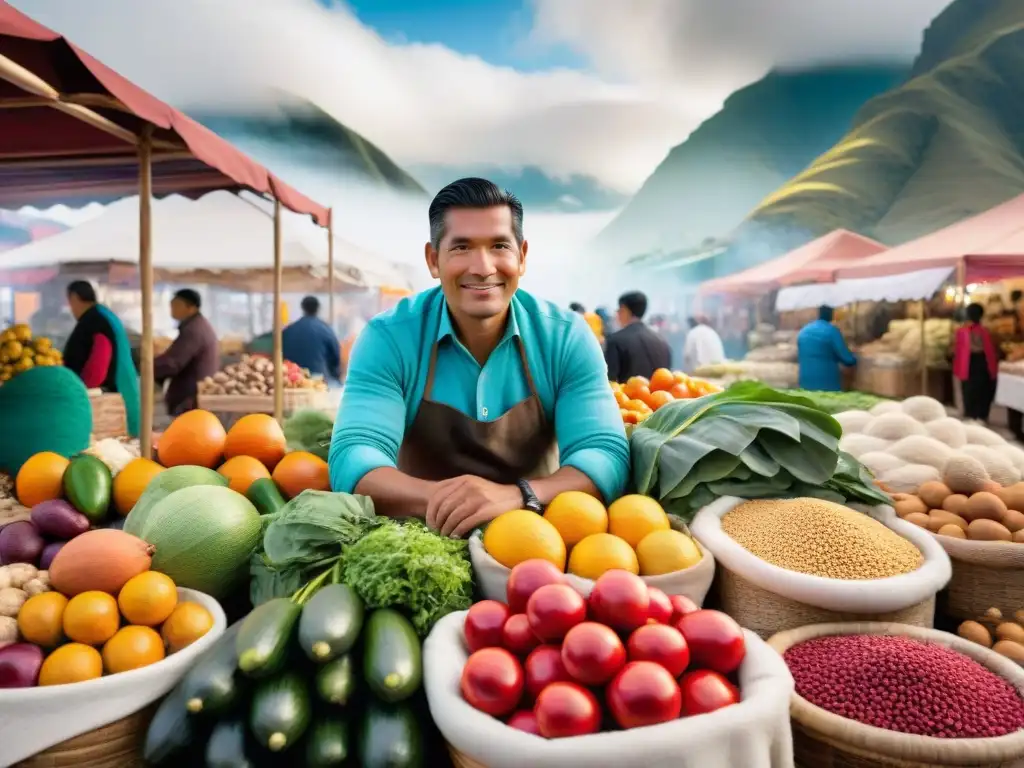 Mercado peruano bullicioso con colores vibrantes y sabores frescos