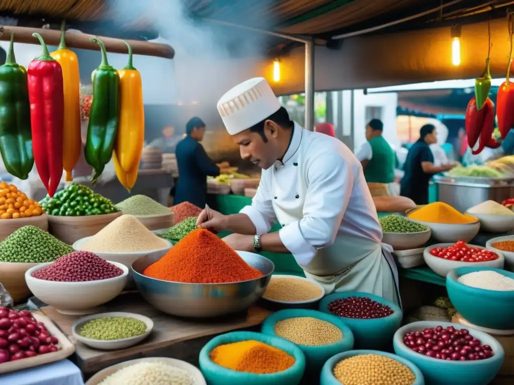 Un mercado peruano bullicioso con colores vibrantes y chefs preparando platos tradicionales y fusiones culinarias