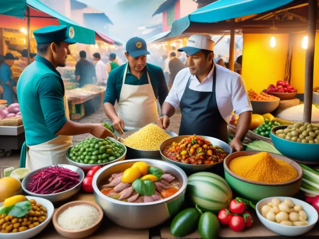 Mercado peruano bullicioso con colores vibrantes y platillos tradicionales, fusionando influencia gastronomía peruana cocina global