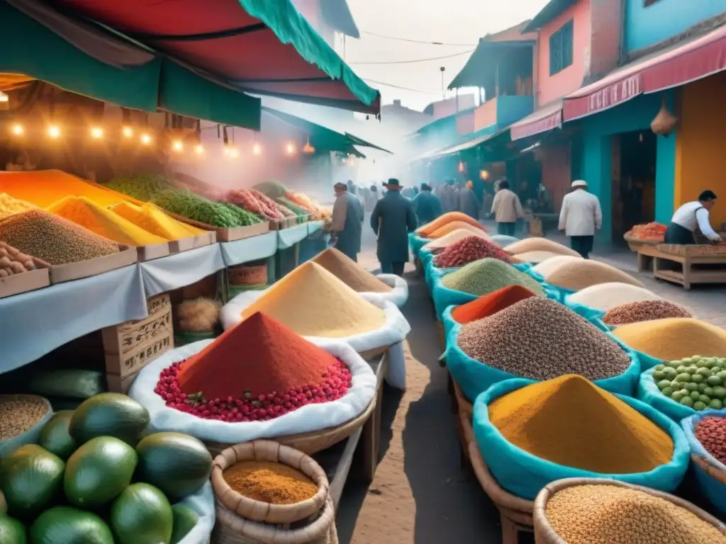 Un mercado peruano bullicioso, con colores vibrantes y la fusión de ingredientes árabes y peruanos