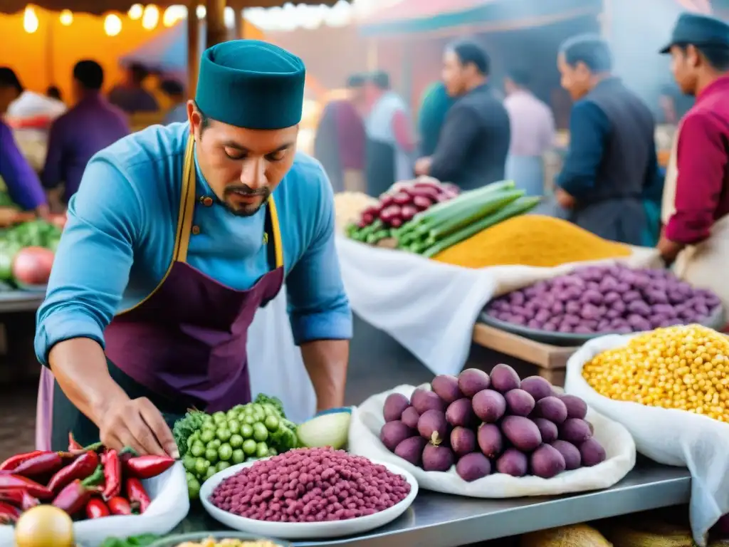 Un mercado peruano bullicioso con colores vibrantes y chefs preparando ceviche y lomo saltado