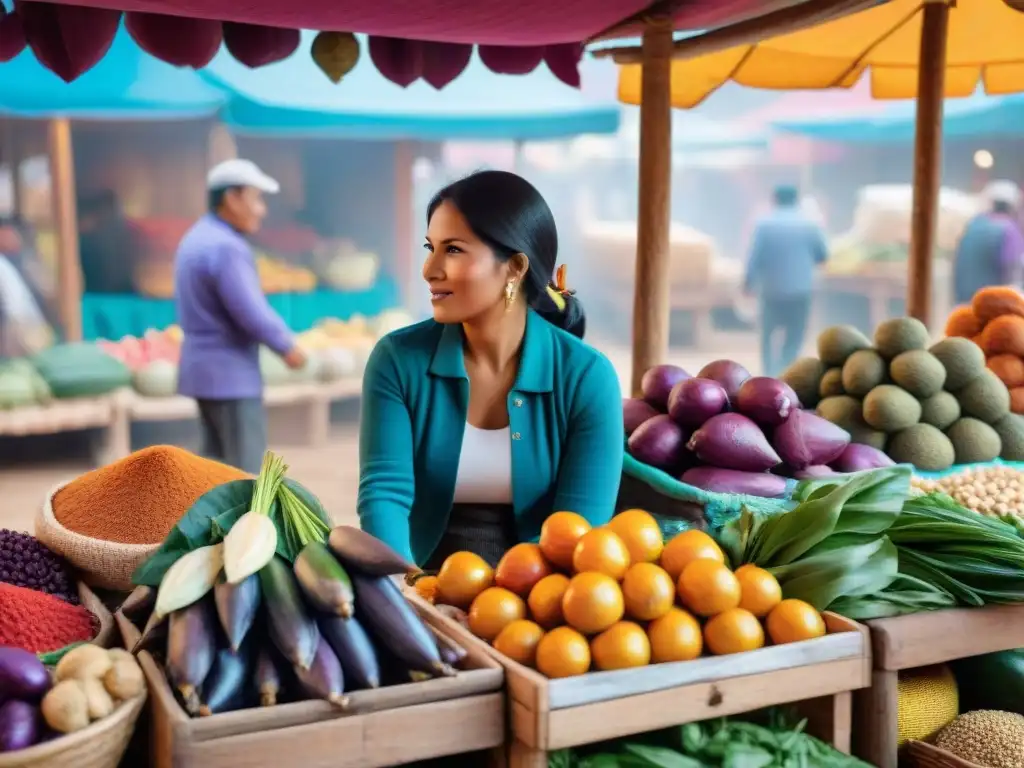 Un mercado peruano bullicioso con colores vibrantes de frutas, verduras y hierbas autóctonas