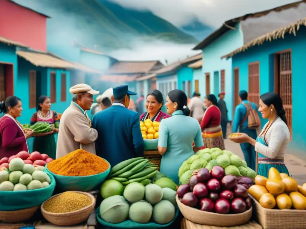 Un mercado peruano bullicioso, colores vibrantes y diversidad cultural