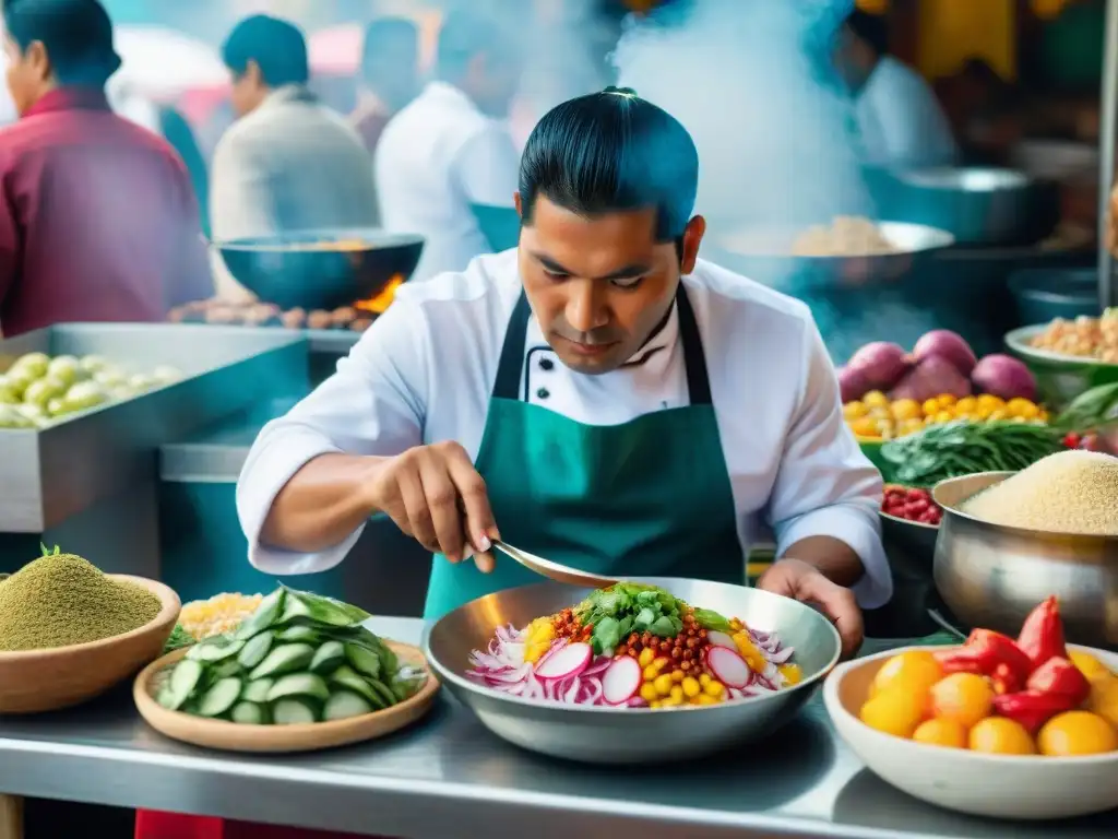 Un mercado peruano bullicioso con colores vibrantes y sabores exquisitos, donde un chef prepara ceviche