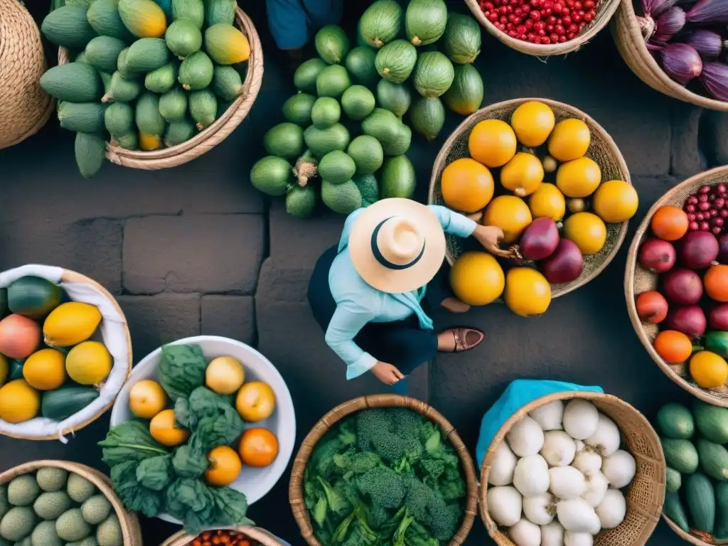 Un mercado peruano bullicioso, con una colorida diversidad de frutas, verduras, hierbas y especias autóctonas