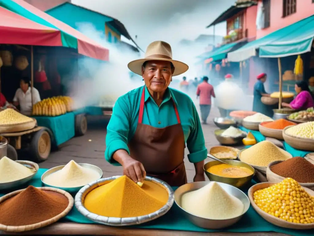 Un mercado peruano bullicioso con una colorida escena de vendedores y clientes de todas las edades