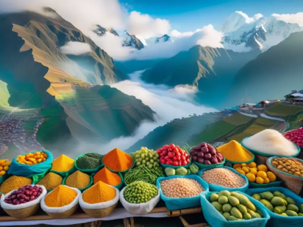 Un mercado peruano bullicioso con coloridas frutas, verduras y vendedores preparando ceviche