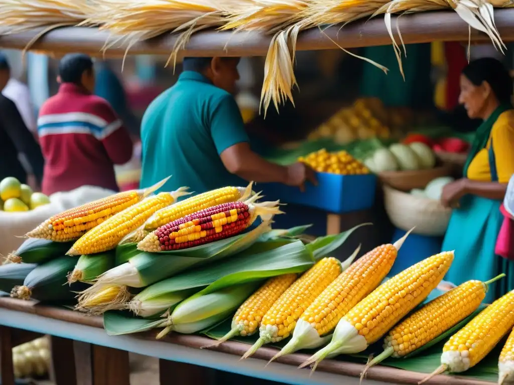 Un mercado peruano bullicioso y colorido con maíz nativo en cocina fusión