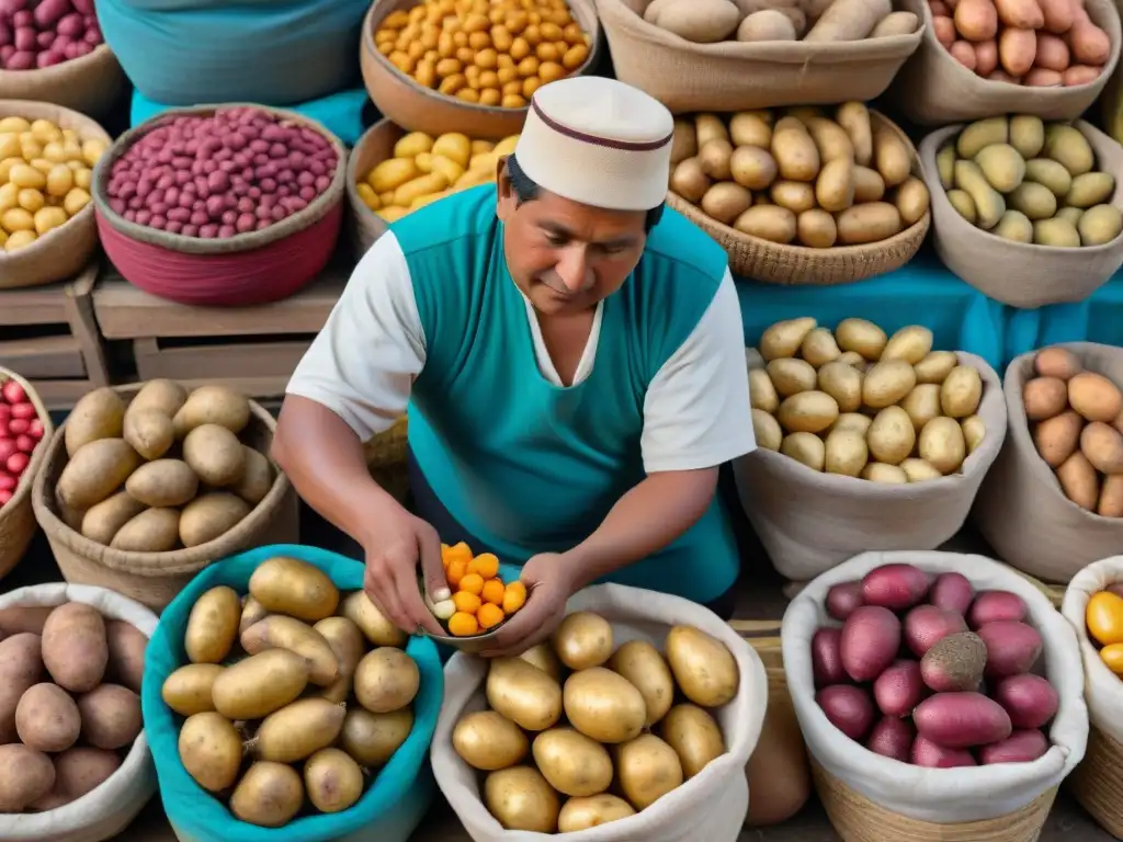 Un mercado peruano bullicioso y colorido, con papas peruanas en la gastronomía, reflejando tradición y comunidad