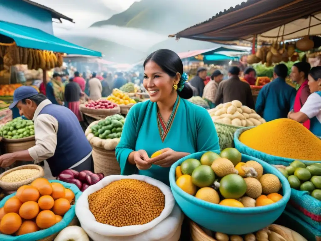 Un mercado peruano bullicioso y colorido, lleno de frutas, verduras y delicias locales, con vendedores entusiastas y música tradicional