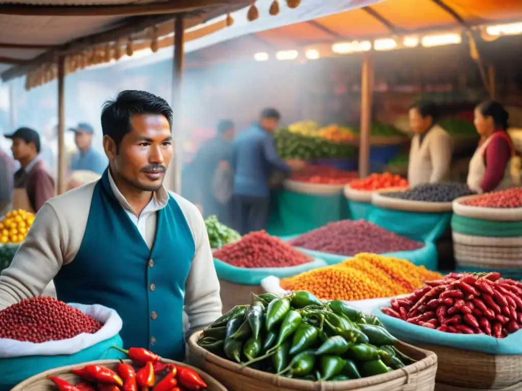 Un mercado peruano bullicioso y colorido, lleno de ajíes en diferentes tonalidades y tamaños