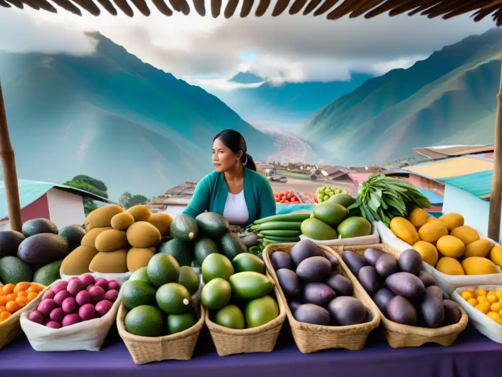 Un mercado peruano bullicioso y colorido, con frutas y verduras únicas de la región