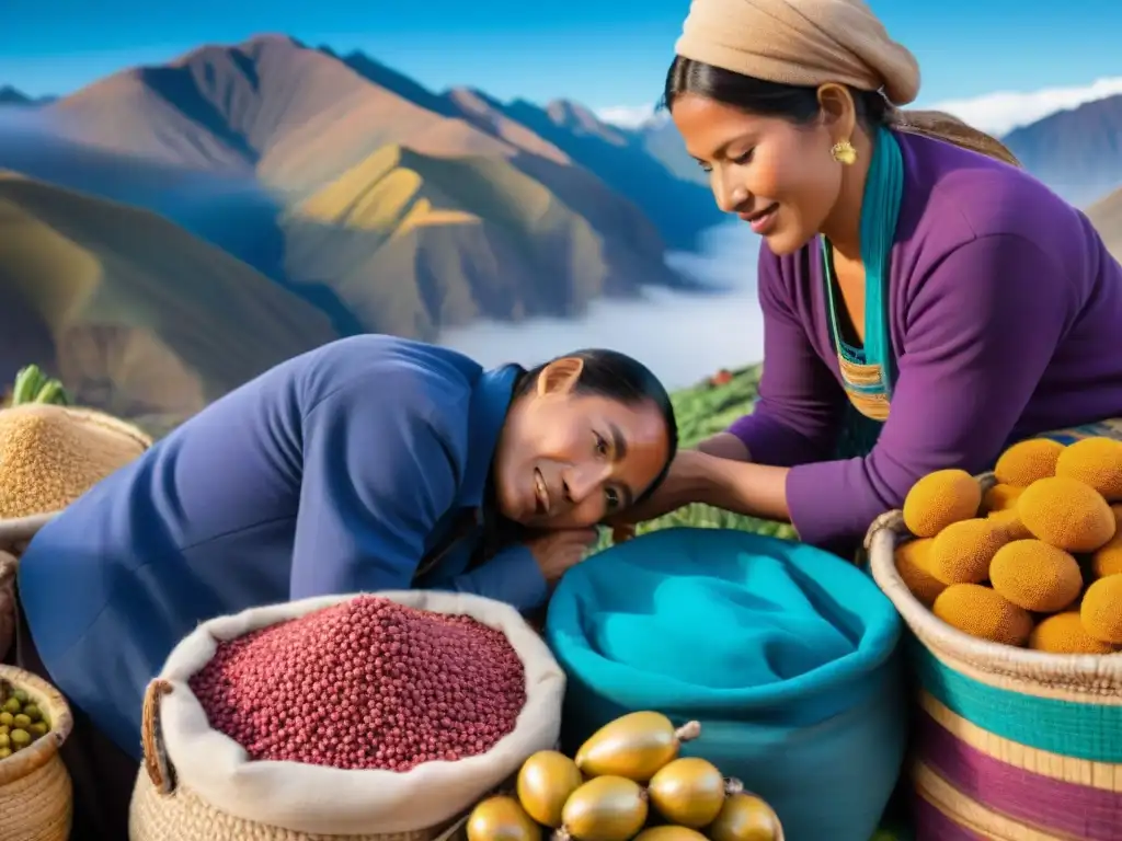 Mercado peruano: colores y sabores andinos Un mercado peruano bullicioso con coloridos superfoods como quinua, maca, lúcuma y maíz morado