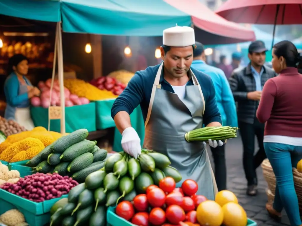 Un mercado peruano bullicioso en Lima, Perú, con coloridos productos frescos y platos tradicionales