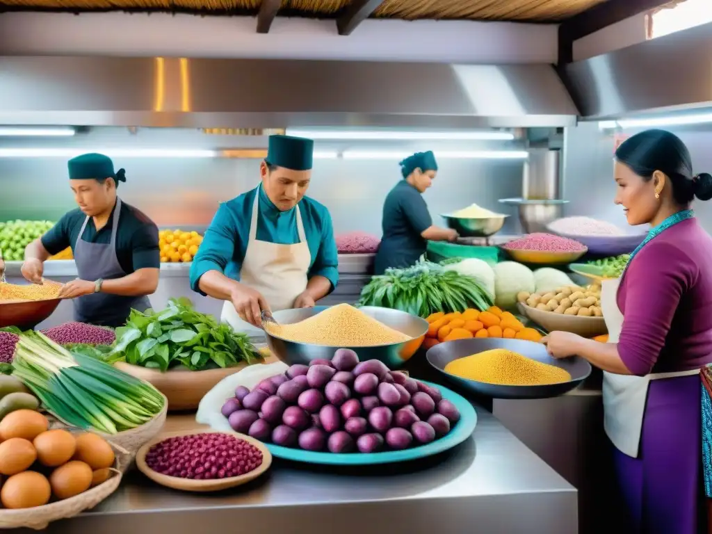 Un mercado peruano bullicioso, fusionando tradición culinaria con tecnología en realidad virtual