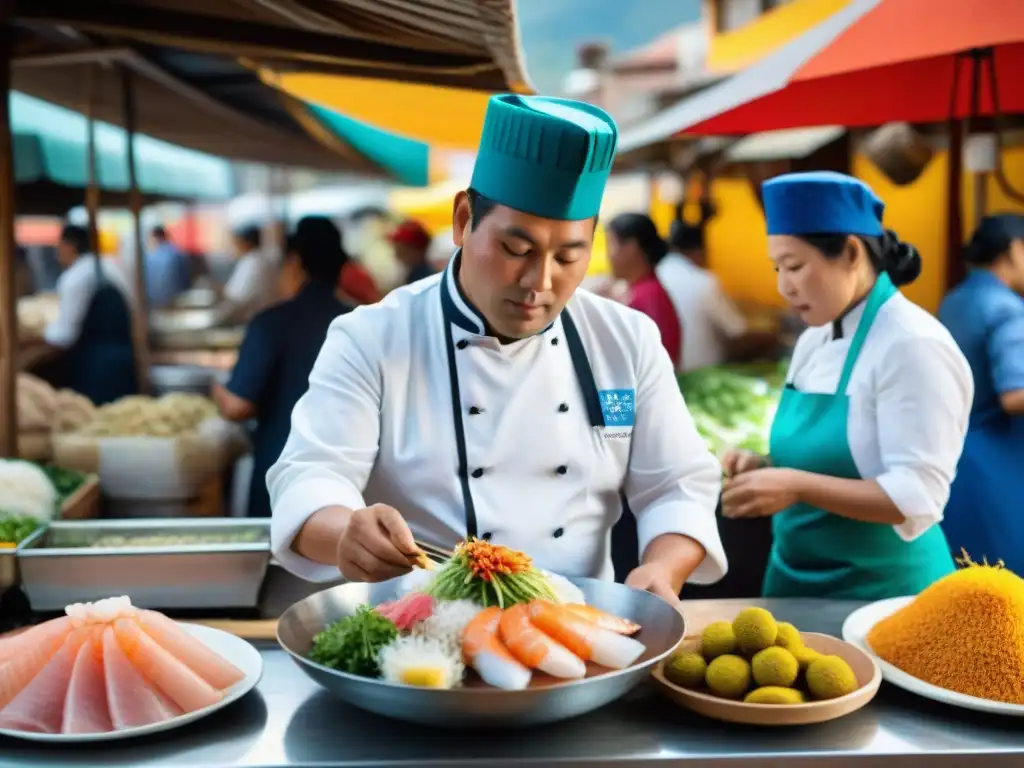 Un mercado peruano bullicioso con delicias de cocina nikkei en Perú, como ceviche, sushi y platillos nikkei, rodeado de colores y sabores únicos