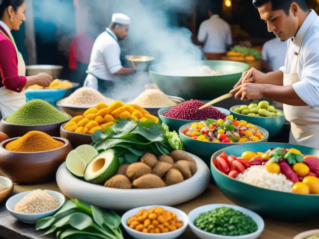 Un mercado peruano bullicioso con una diversidad de colores y sabores en platos tradicionales