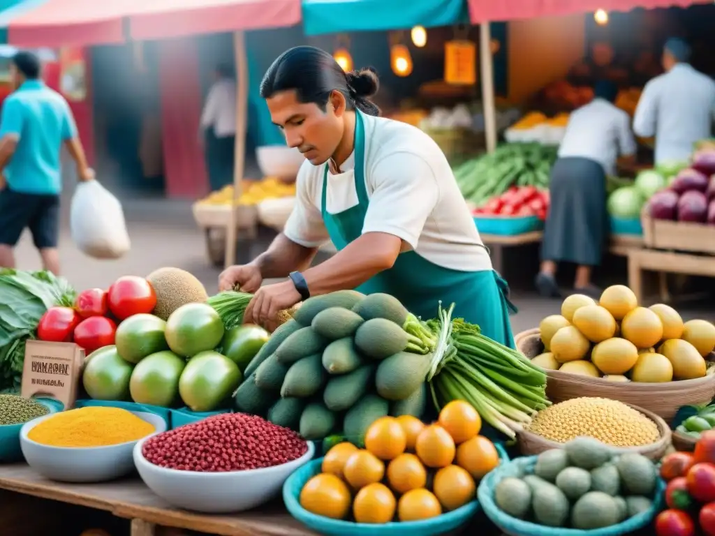 Un mercado peruano bullicioso con exóticas frutas y verduras, y un chef famoso seleccionando ingredientes frescos para un plato peruano auténtico