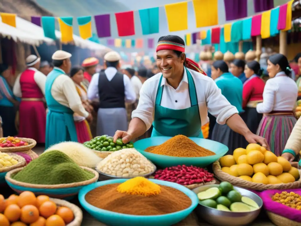 Mercado peruano bullicioso en festival tradicional, con puestos coloridos y chef preparando plato festivo