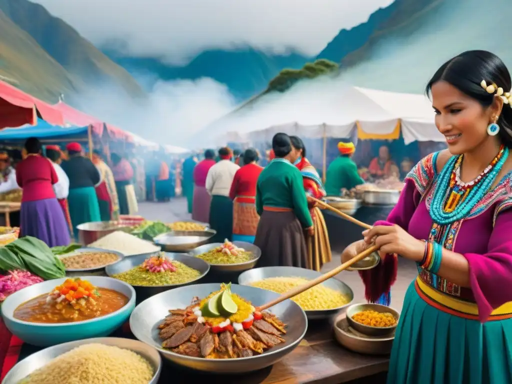 Un mercado peruano bullicioso durante una festividad tradicional, con colores vibrantes y delicias locales en exhibición