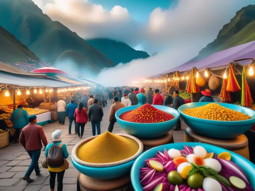 Mercado peruano bullicioso en festividades con coloridos puestos de comida y ambiente festivo